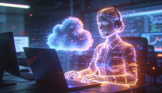 Holographic customer support agent typing at laptop with cloud hologram and data streams