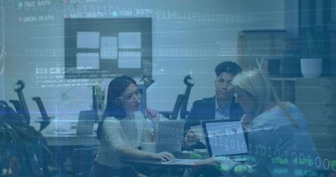 Diverse team collaborating in modern office with technological overlays