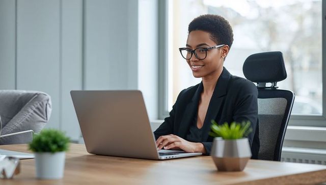 Businesswoman Type At Laptop, Modern Office With Minimalist Design