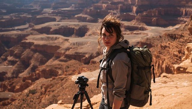 Woman hiker adjusting tripod at canyon overlook capturing expansive desert landscape under wind