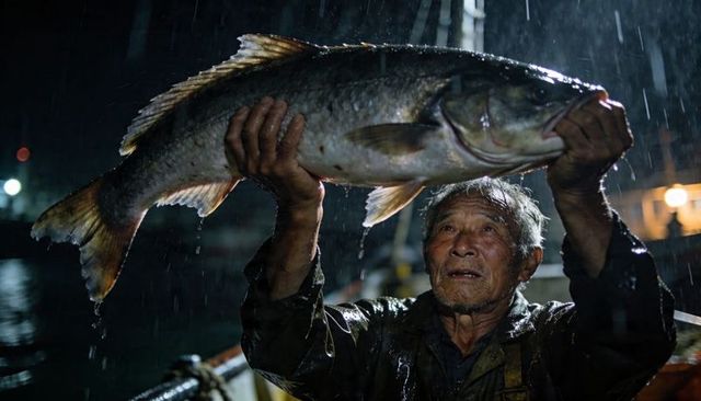 Veteran fisherman hoisting giant catch on rain-soaked night boat, dramatic harbor portrait