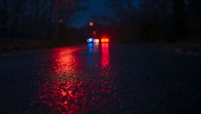 Wet Asphalt Reflecting Red and Blue Car Taillights and Headlights at Night with Bokeh