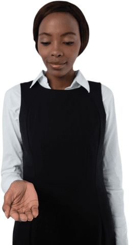 Smiling businesswoman holding object on shop scene transparent overlay