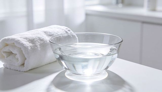 Glowing glass bowl refracting daylight and casting caustic light patterns on spa vanity