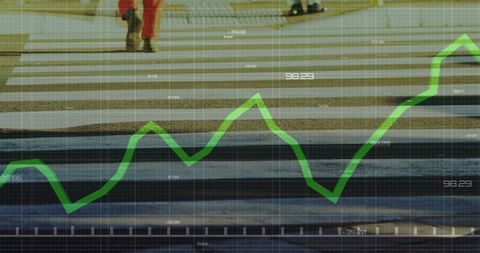 Dynamic financial trends overlaying cityscape