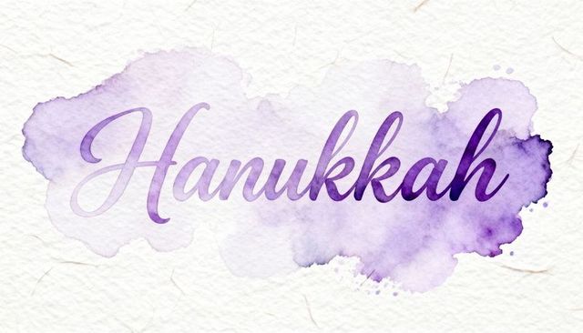 Handlettered Hanukkah Calligraphy on Purple Watercolor Wash for Festive Greeting Cards