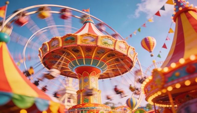 Colorful spinning swing carousel and ferris wheel at festive summer carnival with motion blur