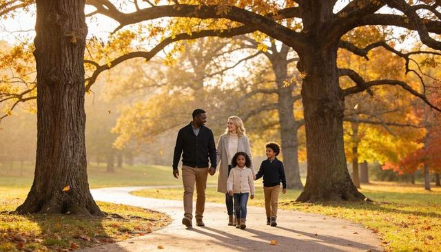 Multicultural family walking through autumn park under golden oak canopy