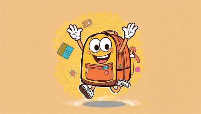 Playful animated backpack with school supplies in mid air