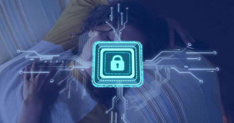 Couple hugging with glowing cyan padlock, symbolizing privacy, intimacy and cybersecurity