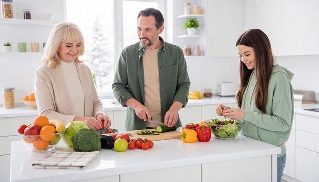 Generational family preparing fresh vegetable salad together in bright modern kitchen