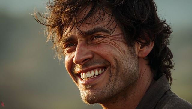 Sunlit Smiling Man with Windblown Hair Closeup Portrait in Warm Golden Meadow Light