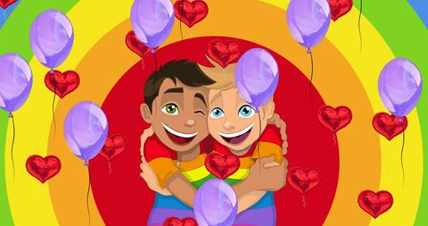 Joyful friendship celebration with balloons and rainbow