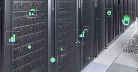 Ecology Icons Overlay on Data Server Room Visualizing Sustainable Technology - Download Free Stock Images Pikwizard.com