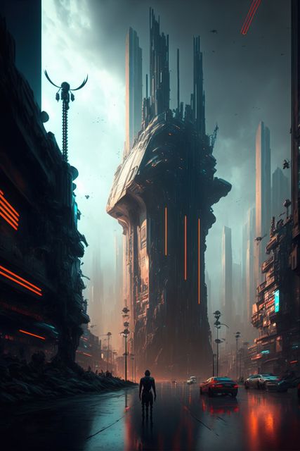 Image of futuristic cityscape with people and cars on street, created using generative ai technology. City and futuristic concept, digitally generated image.