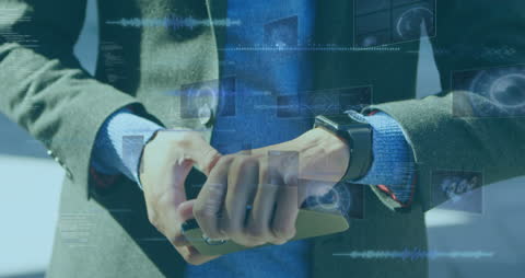 Businessman Checking Smartwatch with Data Holograms
