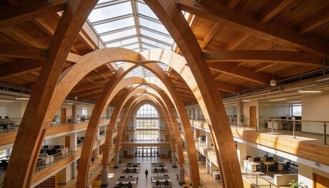 Curved laminated timber arches under skylight in modern open-plan atrium with mezzanines