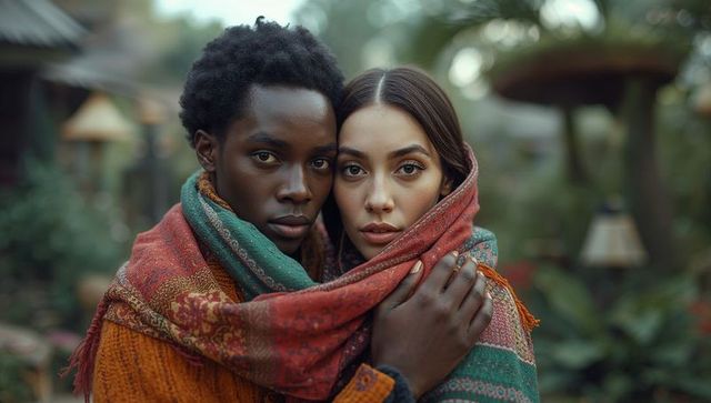 Intimate couple wrapped in colorful shawl in lush garden
