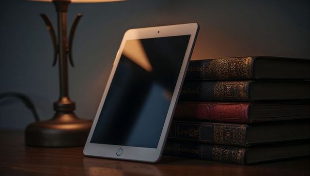 Tablet leaning on stack of vintage leather books with warm lamp glow and reflective screen