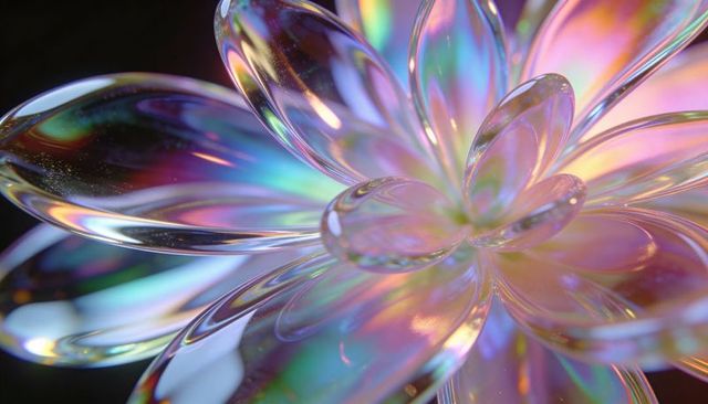 Glowing iridescent glass flower sculpture with rainbow petals macro close-up