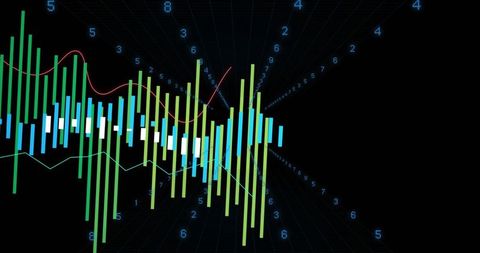 3D Neon Candlestick Chart Glowing with Holographic Numerals and Futuristic Grid Visual
