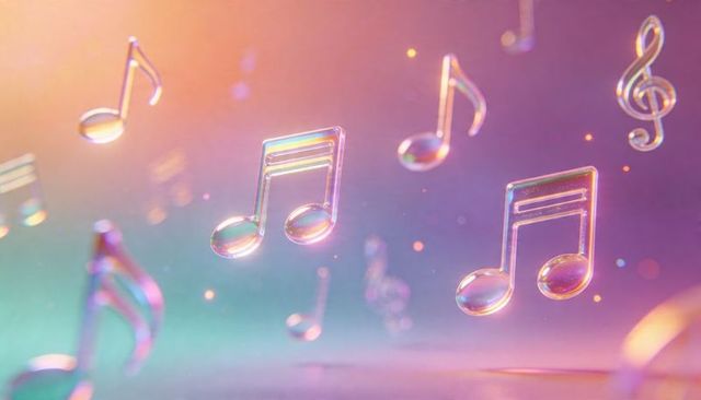 Iridescent glass musical notes floating on pastel gradient background with bokeh