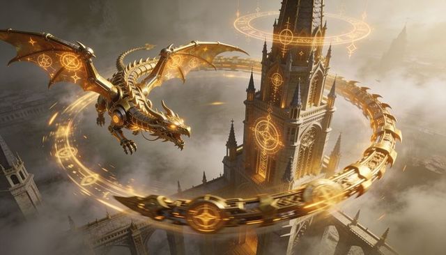 Golden clockwork dragon soaring above gothic cathedral circling with glowing rune rings