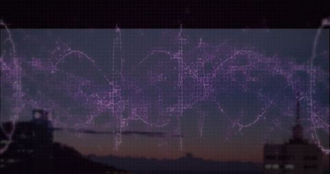 Violet circuit-vein overlaying dusk urban skyline with grid and fractal neon glow