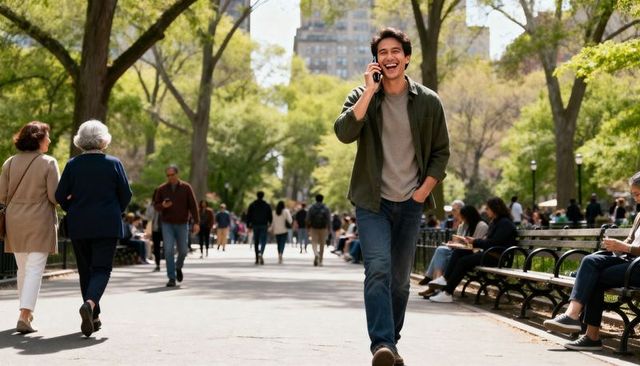 Happy young man walking and talking on smartphone along tree-lined city park path