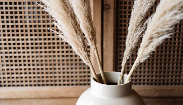 Beige pampas grass in cream ceramic vase on rattan shelf for minimalist home decor
