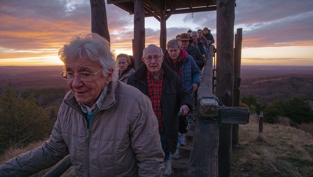 Senior group climbing wooden lookout at sunset over rolling hills twilight hiking outdoor adventure