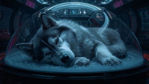 Resting siberian husky lying inside frosted glass dome futuristic cryo chamber