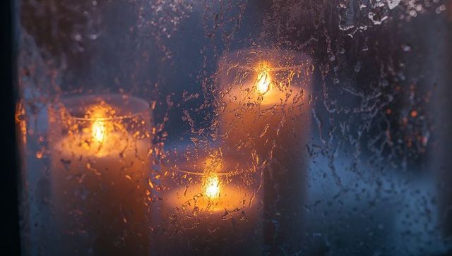 Warm pillar candle glow behind rain-speckled glass creating cozy moody evening ambience