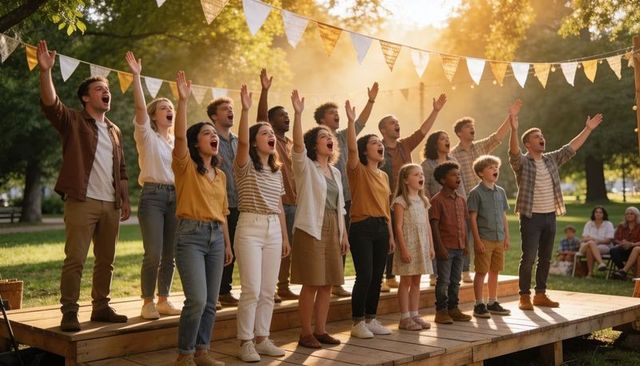 Multigenerational community choir singing and raising arms on outdoor festival stage