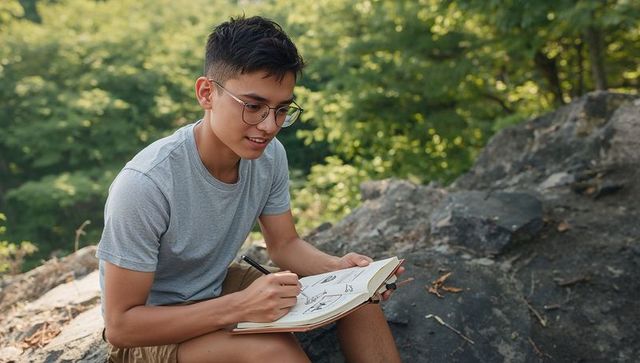 Student sketching on rocky outcrop in forest, drawing in sketchbook outdoors