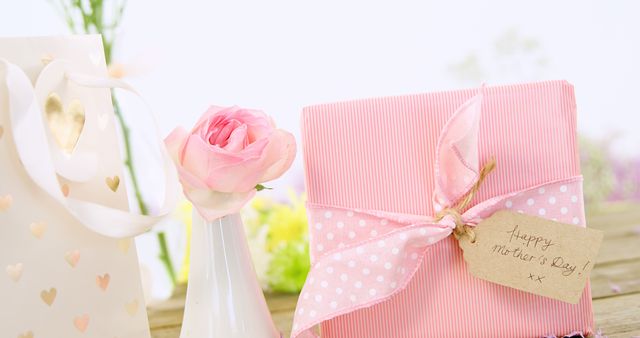 Beautifully wrapped Mother's Day gift with a pink rose and gift bag featuring heart designs. Ideal for use in Mother's Day advertisements, greeting cards, social media posts, and blogs about gift ideas or showing appreciation for mothers.