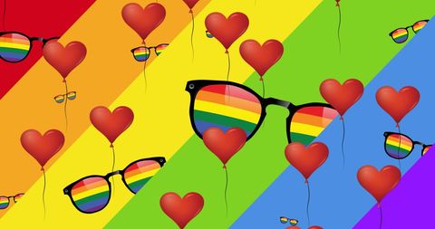 Rainbow Glasses and Heart Balloons on Vibrant Pride Background