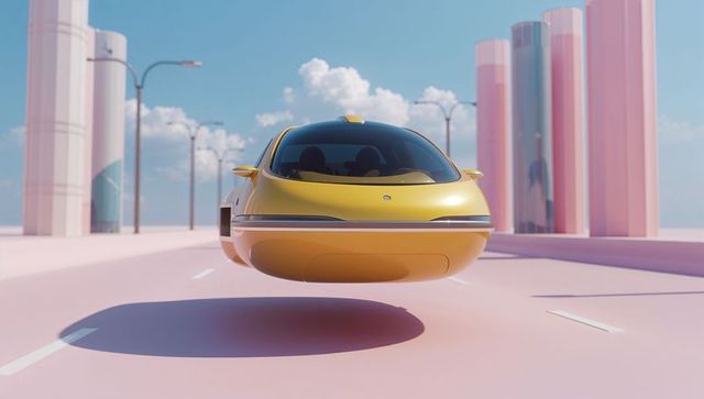 Floating Yellow Hovercar Gliding Above Pink Urban Road in Minimal Futuristic Cityscape