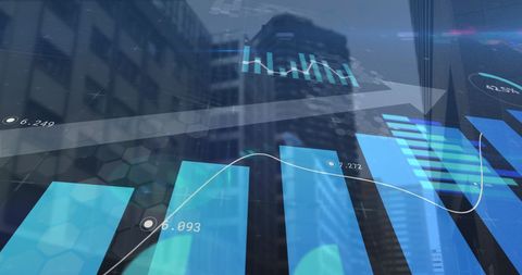 Futuristic financial data with arrow over urban background