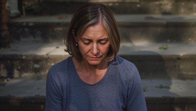 Middle-aged woman sitting on worn stone steps reflecting in quiet contemplative solitude
