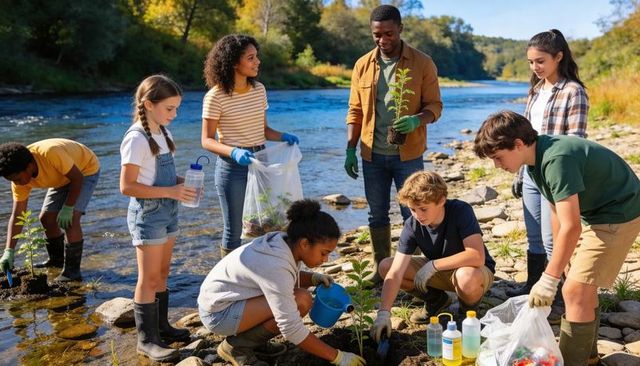 Youth planting saplings along riverbank during community conservation project