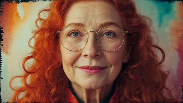 Radiant Senior Woman with Red Curly Hair and Glasses Posing Confidently