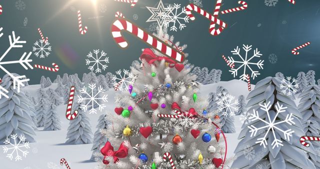 Festive Christmas Tree with Snowflakes and Candy Canes Under Night Sky - Download Free Stock Images Pikwizard.com