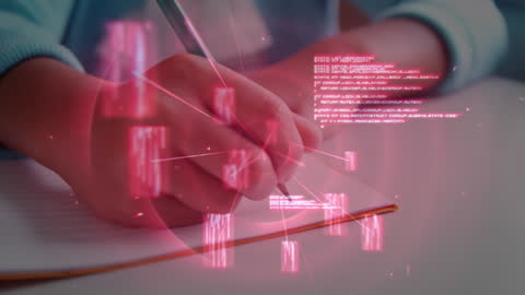 Child Writing with Digital Data Overlay Illustrating Technology in Education
