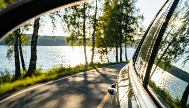 Sunlit car driving along curving lakeside road with mirror and door reflections