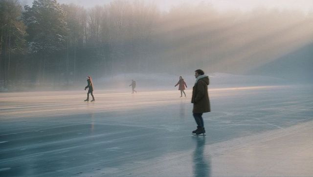 Morning Ice Skating Amid Soft Sun Rays on Glacial Lake