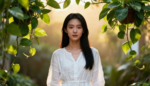 Backlit woman standing among hanging vines in greenhouse wearing white dress portrait