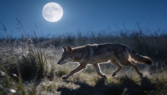 Full moon coyote prowling through frosty grassland, moonlit nocturnal wildlife scene