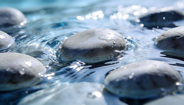 Smooth pale pebble floating in rippling blue water with bubbles and sparkling reflections