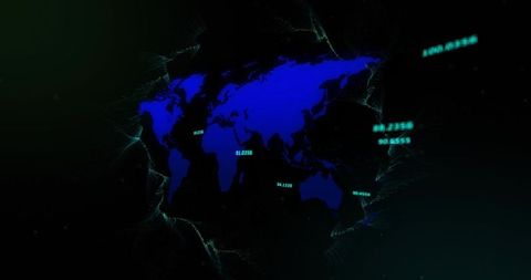 Neon blue global map silhouette with floating data coordinates and network telemetry